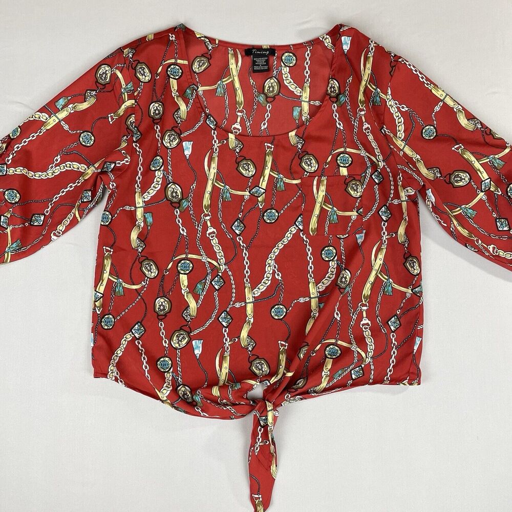 Timing Tie Front Top/Blouse Women’s Large Red Gold Chain Tassel Print Careerchic